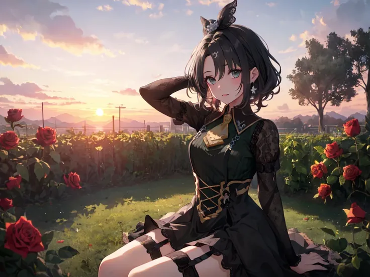 Solo, 1 Female, (Human Ears, Earrings), (Black Hair, Side Tail), (Sitting Flat, One Arm Behind Head, One Arm on Chest), (Anime Face, Ahegao), (Hair Accessories), (Pitch Black See-Through Dress, Pitch Black Ruffles, Pitch Black High Waist, Garter Belt, Stoc...