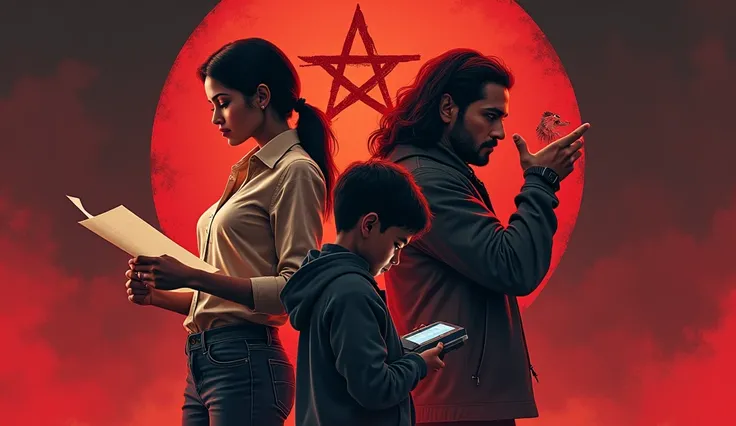 Beautiful fair woman in beige shirt and jeans with case file looks serious. Man in grown black  hair with futuristic digital device, a boy in hoody looking time in his watch and strange face masked man ,satan symbol behind them  make it as a animation epic...