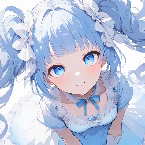 （（ light blue twin tails:1.5))、((masterpiece, best quality, super high resolution))、((15-year-old girl)))、（Anime face、delicate、 dynamic 、Healthy Body）、（Height: 160cm）、(( anatomically correct body ))、（Very Small Breasts :0.1）、（Focus on the face、 full body v...