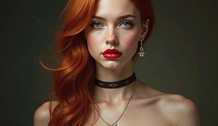 A realistic portrait of a young woman with striking red hair cascading down her shoulders. She gazes directly at the viewer with captivating blue eyes, accentuated by subtle yet elegant makeup. Her lips are painted a bold red, matching the lipstick that hi...