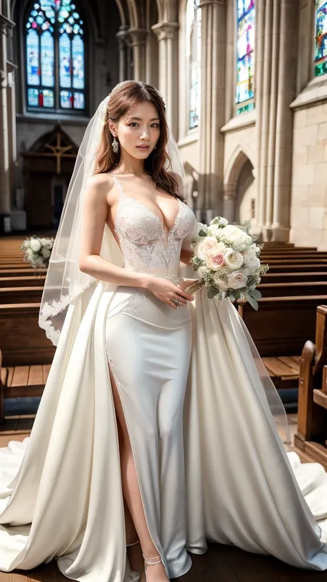 A beautiful young Japanese woman, 26 years old, with healthy thighs, beautiful legs, flawless skin, random hair color and style, large breasts, wearing a (wedding dress:1.3), full body shot, high heels, holding a bouquet in her hands, in a church setting, ...