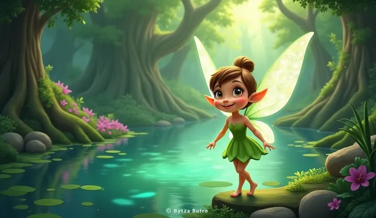 mischievous cartoon-style little fairy with big playful eyes, a cute smile, and long shimmering wings, wearing a glowing green dress. She stands beside a magical lake surrounded by an enchanted, dense forest."
