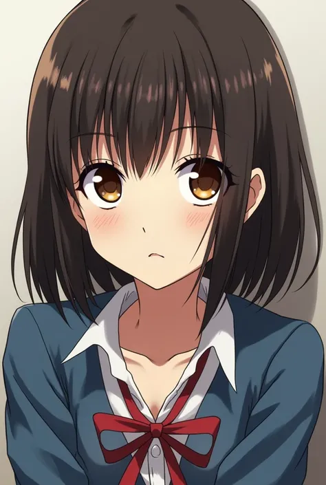  a girl similar to Sayu Yagami from Death Note ( big brown eyes , side bangs,  medium length hair , Dark brown,) Pretty tender  : 3 but kind in the cartoon style of the manga / anime blue period is a woman who is like 19 years old but her hair is tidy okei...