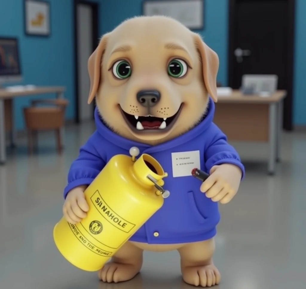  Labrador puppy holding a gas tank and a cigarette lighter,  wearing a blue shirt and in the background an office , Give the dog a challenging and mischievous face , Still a visual style in CGI 