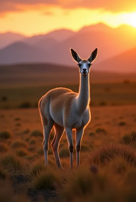 vicuña on the patagonian grassland, sunset, excellent quality photo