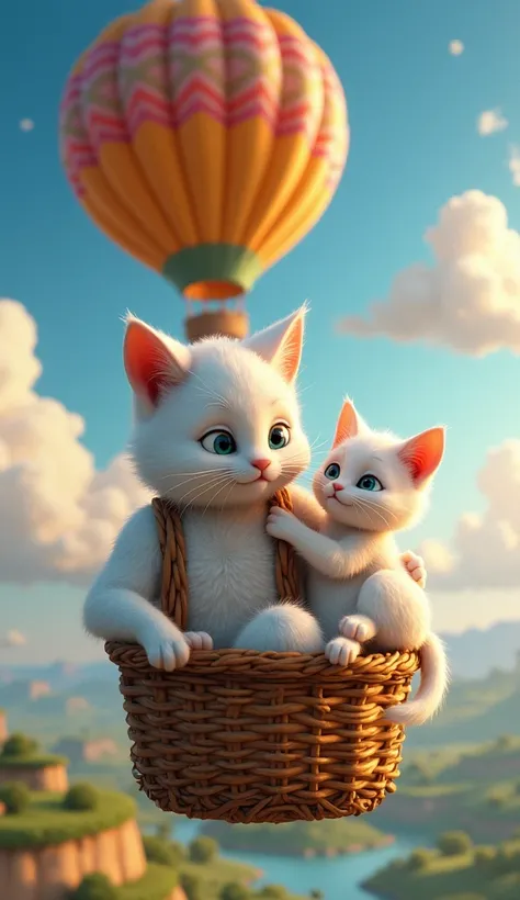 A cute white kitten with sparkling, curious eyes, wearing a casual pant and shirt, sits beside his muscular father white cat , a tall white cat dressed in a matching casual pant and shirt. They are seated together in a vibrant hot air balloon with bright, ...