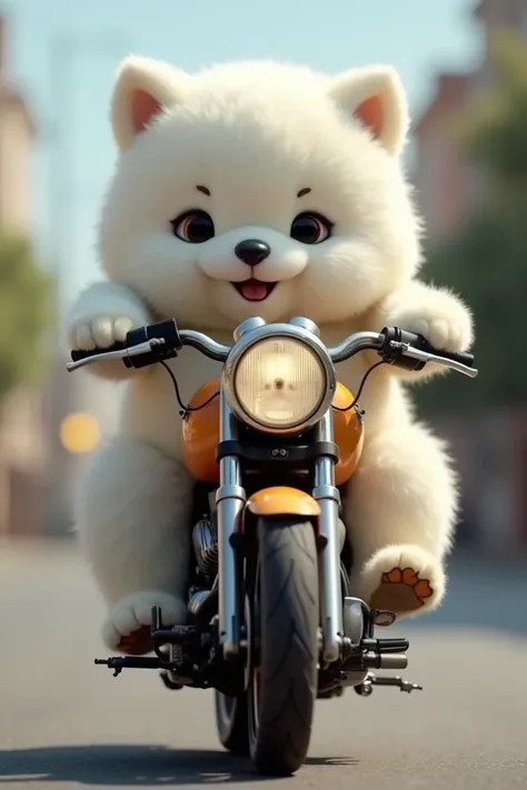 A huge white baby dog and cat is riding a motorcycle. 