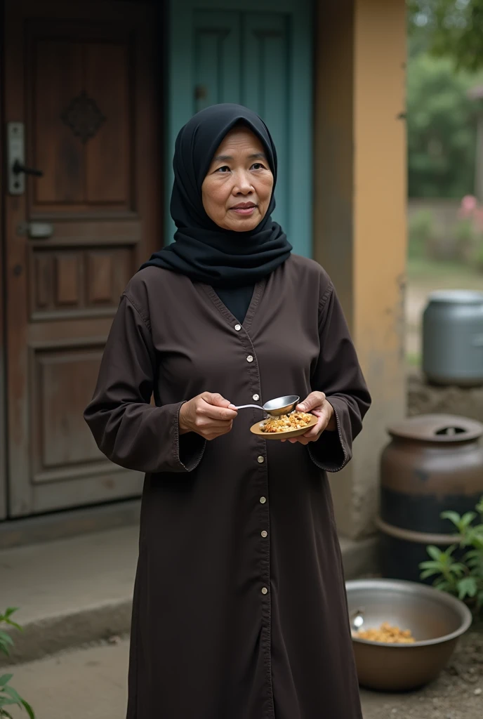 Indonesian woman, 30 years old, wearing a black hijab undergarment,Long dark brown daster,Front view, zoom camera,bring a ladle for cooking,Background of a simple Indonesian house old door Typical simple small alley of Indonesia ,The atmosphere towards eve...