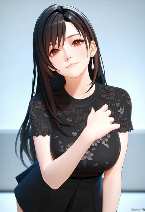 1girl, black hair, long hair, black shirt, black skirt, floral print, (X3D), realistic, masterpiece, best quality, good quality, newest, tifa lockhart