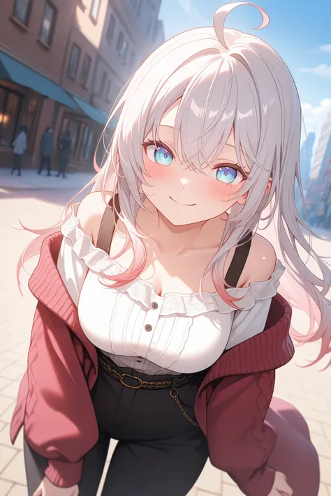 1girl,Alisa Mikhailovna Kujou, Alya Sometimes Hides Her Feelings in Russian, casual wear, blush, smile, leaning, looking at viewer, cinematic angle, outdoor, city, shiny skin,

Masterpiece, best quality, newest, intricate details, 