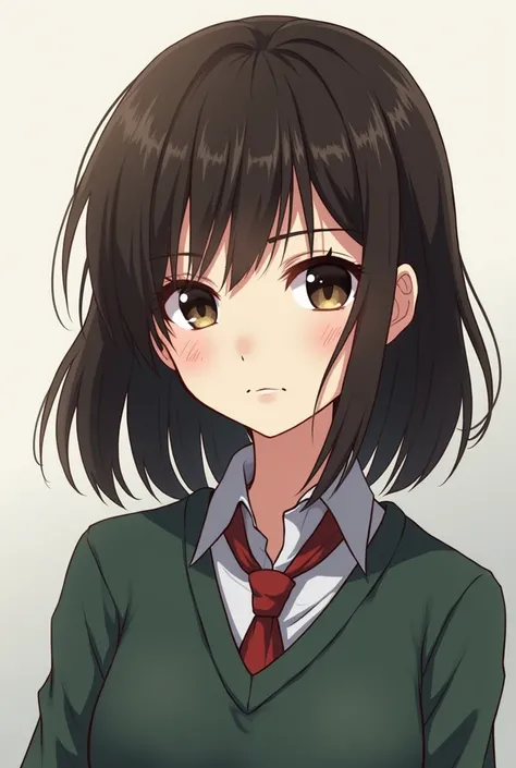 
 a girl similar to Sayu Yagami from Death Note ( big brown eyes , side bangs,  medium length hair , Dark brown,) Pretty tender  : 3 but kind in the cartoon style of the manga / anime blue period is a woman who is like 19 years old but her hair is tidy oke...