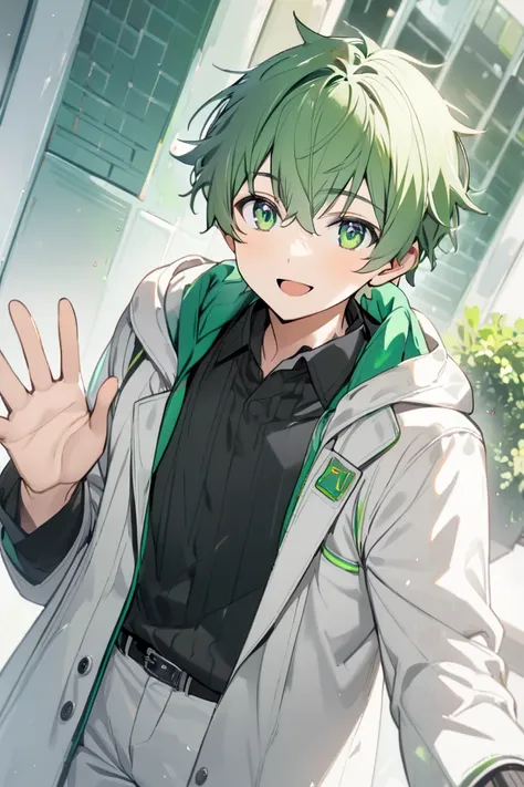 A boy with green hair wearing a black shirt, a white coat, white pants, green eyes, waving a greeting