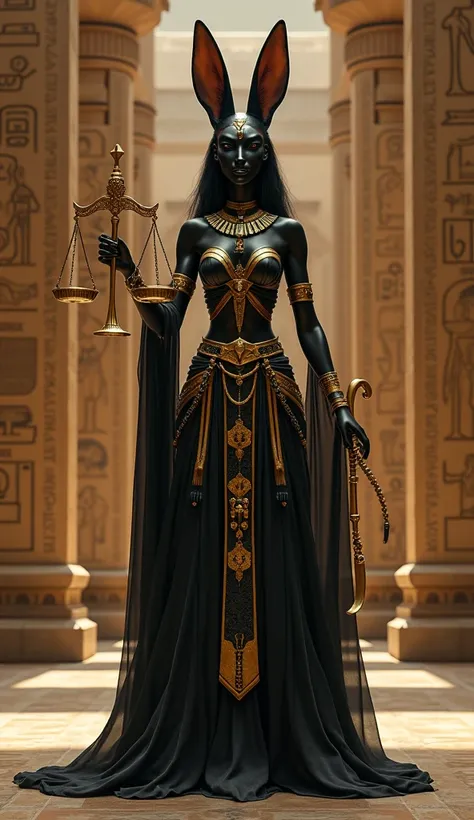 A gender-swapped Anubis as a graceful yet intimidating big breast goddess with a jackal-headed appearance. She is adorned with gold and onyx Egyptian jewelry and a flowing black-and-gold robe. She stands in a temple surrounded by ancient hieroglyphs, holdi...