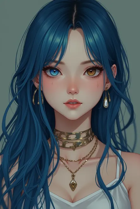 1 girl, langes Haar, Breasts  , Blue hair, Earrings, blue eye left ,  brown eye right, afterimage,  jewelry, attractive, Heterochromie, Real Film, Beste Qualität, Details, Hohe Details, Hohe Qualität, Hautporen