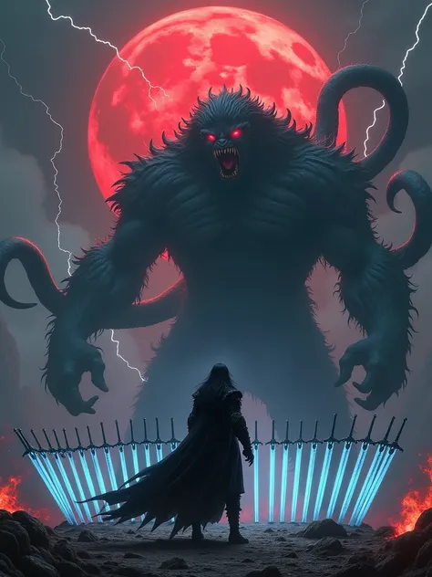 Long-haired male warrior in gothic combat costume ， Behind a huge black monster full of tentacles is a huge red moon，There are 10 huge blue glowing swords on the ground ，The dark world of horror，Burning earth， Black lightning breaks down from the sky