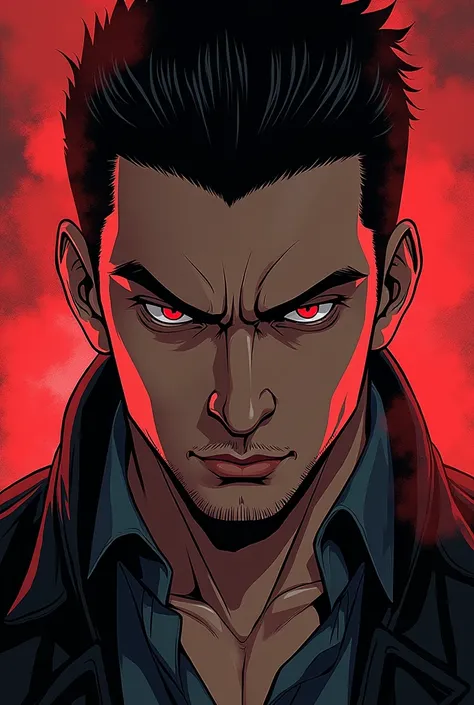 Manhua Style: man, rico, with very short black hair almost shaved, sexy attractive ,  cold and shrewd red eyes ,  evil and very bossy 