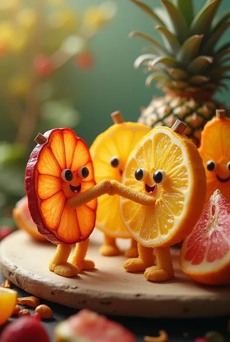  Fruit chips .  Cut round ,  dried pieces of fruit . apple, orange,  pear and pineapple .  Hold hands and dance .  Draw their eyes , mouth and legs .  Next to them is a plate of real fruit.  fantasy style .