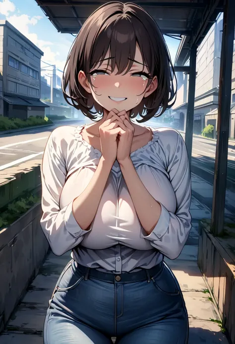 (  Masterpiece ,   best quality:1.2), One Married Woman in the Anime  , Alone,  expressive eyes, Hold your mouth with both hands, milf, ((( dark haired short hair))). ((( sad smile))), ( sheds tears), (((Daytime scenery))), ((( perfect face girl)))、((( wid...