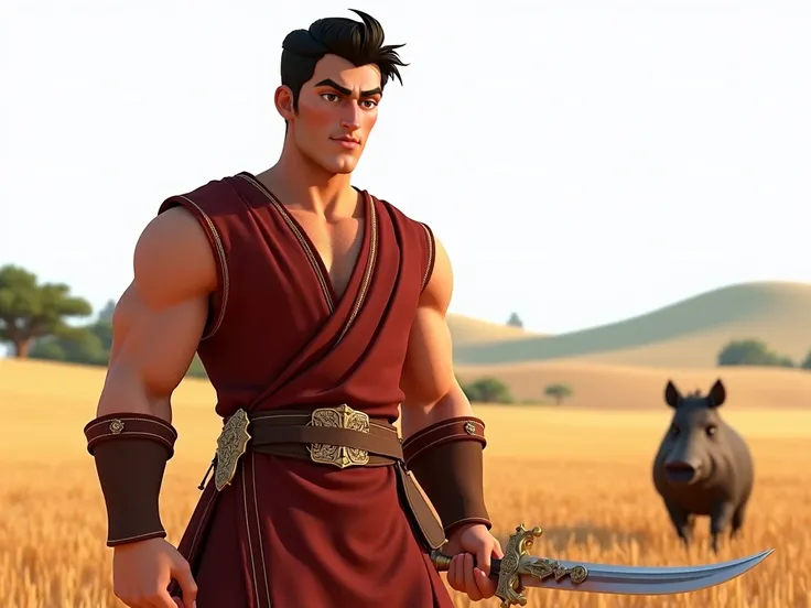 A Pixar-style digital rendering of Bijan, a 30-year-old Iranian hero with large, expressive eyes and a strong, attractive appearance. He has fair skin and wears a dark red, sleeveless tunic with simple gold embroidery and a matching belt. A small, glitteri...