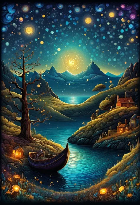 fine art, oil painting, best quality, dark tales, Cape Town in the  Van Gogh  style, starry sky, Dan Mumford, Andy Kehoe, 2d, flat, cute, adorable, vintage, art on a cracked paper, patchwork, stained glass,  fairytale, storybook detailed illustration, cine...