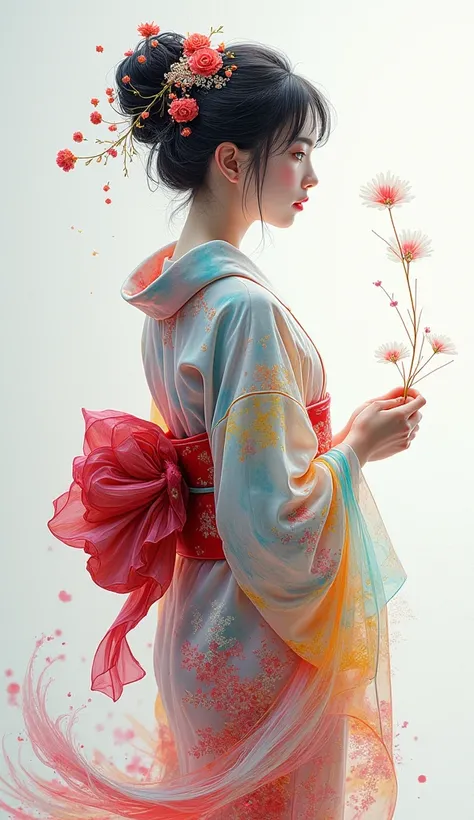  Beautiful Milky Glass Body、Cute and beautiful Japanese womans design 、 colorful paint from the atmosphere converges on women and converges into the shape of kimonos and hair、Colourful paint swirling through the atmosphere、 watch the viewer 、White backgrou...