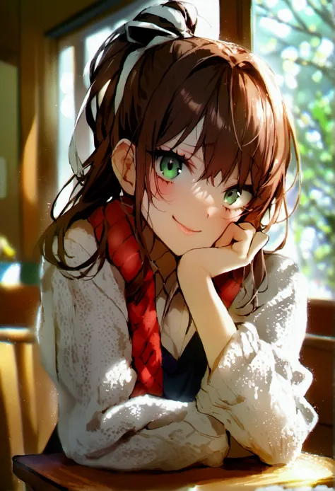 masterpiece, best quality, absurdres,danimaru style,1girl,bangs,brown hair,green eyes, long hair, ponytail, ribbon, white ribbon, hair ribbon, sidelocks,Monika_(Doki_Doki_Literature_Club),sweater,kotatsu,across table,sitting,indoor,looking at viewer,smug,a...