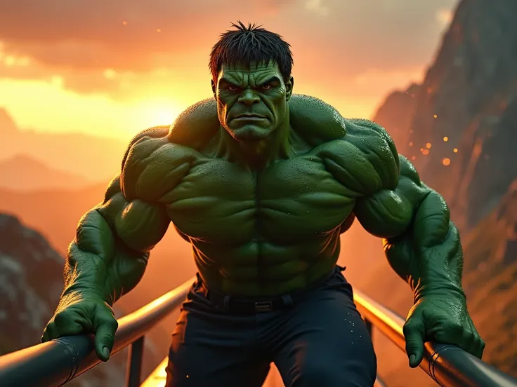  Cinematic movie poster: Hulk on a treadmill ,  drops of sweat sparkle on his skin . background: Sunset over the mountains. style: Marvel Cinematic Universe.