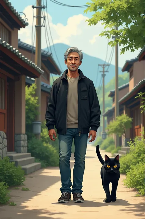  33 year old man wearing jeans and a black jacket,  walking with a gemoy-faced black cat , they are walking in the atmosphere of yangbasri village 