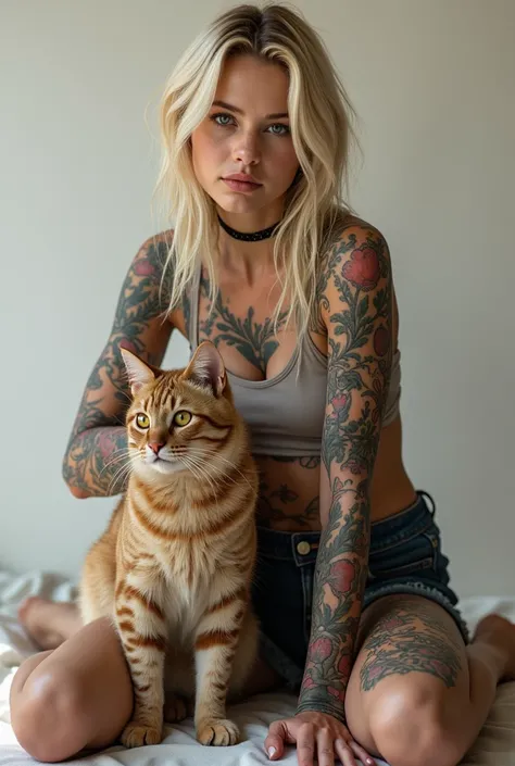 Whole body of the blonde tattoed average girl, with maine coon cat, photorealistic