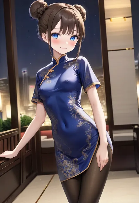 masterpiece,  best quality, Thin legs, Fine texture, Fine skin,  Expressive Blue Eyes ,  small breasts, Brown Hair, double bun, smile, blush,  perfect face、1 person、 beautiful girls、細身の体, Short sleeve,  china dress、 black pantyhose、heel、Hotel Lobby、night、 ...