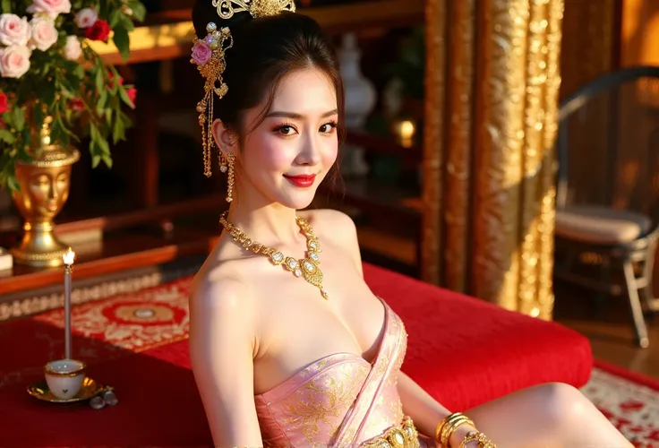 portrait shot of beautiful so sexy Japanese woman, Empress of Ayodhaya, detail dress ,A serene Thai woman dressed in pastel pink silk wrap top and a golden brocade skirt, adorned with delicate floral patterns. Her hair is styled in an elaborate high bun de...