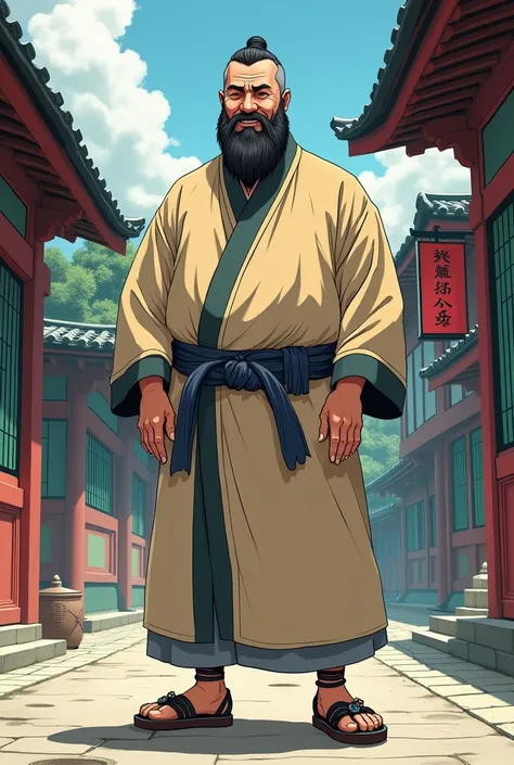  in the style of anime and comics. He is a medium-tall man, with a slightly plump build, and a black beard mixed with some gray hair. He wears simple robes and wears very simple shoes, .
