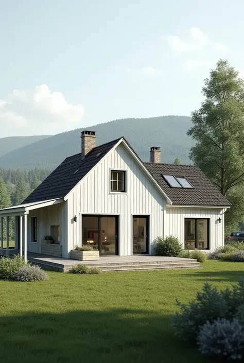 A scandinavian house with a closed car garage beside the main house