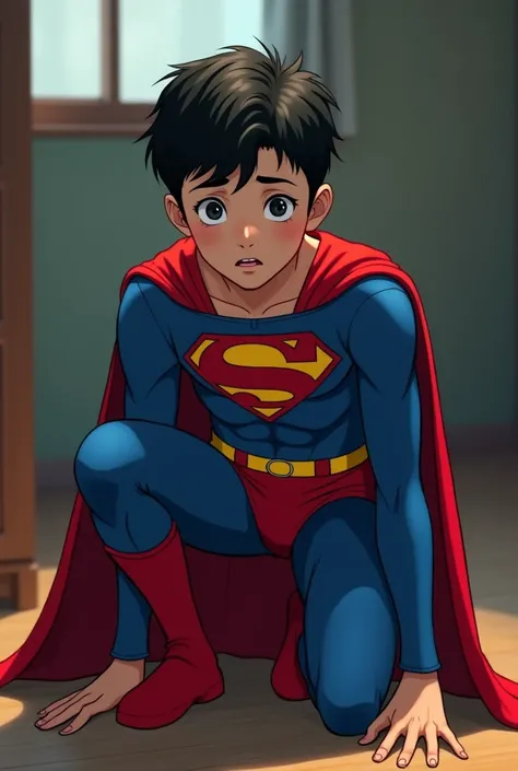 elementary school age handsome japanese Superboy with short and neat cuts, wearing Superman-style costume, a blue skin-tight suit with S symbol on chest, a high-leg-cut spandex red brief, a yellow belt, red boots, and a red cape. in the secret hideout. pow...