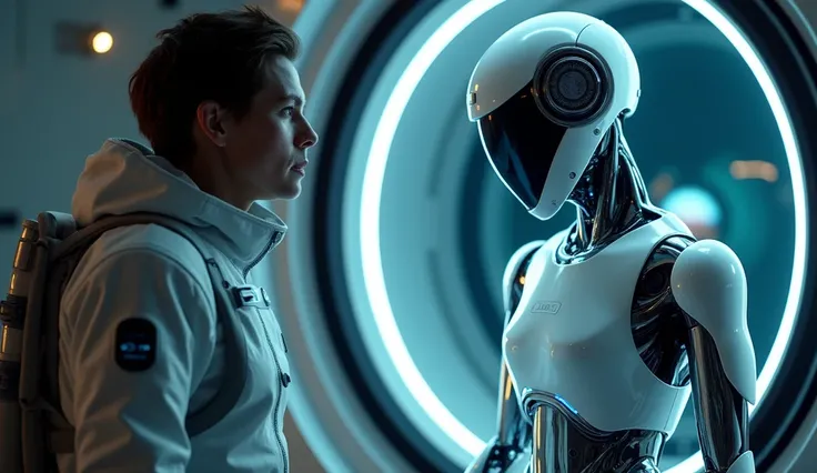 A realistic overall and visually striking scene of an astronaut watching a humanoid android  ,  it is inside an energy capsule recharging its batteries  . The astronaut wears a modern spacesuit without the helmet  ,  while the android has a metallic body w...