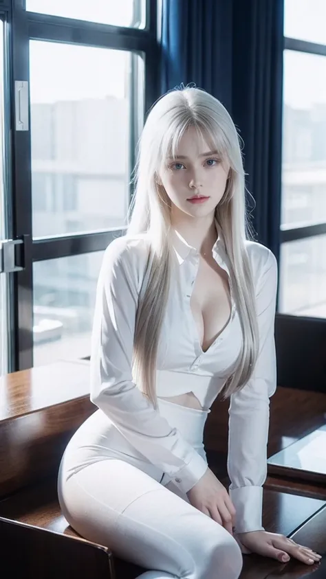 (masterpiece), white skin, pale skin, hints of glowing blue, white eyelashes, long hair, white hair, giant, white shirt office uniform, sleeves covering the hands, flower petals, long leggings, motherly, mature woman, blue flowers, white eyelashes, flowers...