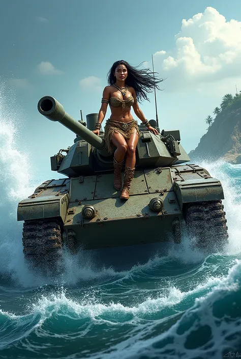 Une tahitienne en tenue de combat assis sur un tank sur une vague en mer
