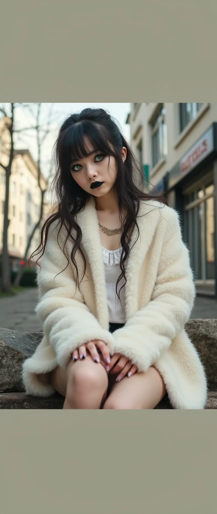  In professional realistic photography style a young girl wearing a fur coat sits on a rustic stone bench with her long black hair and dark makeup around her eyes like eyeliner and eye pencils and black lipstick on her lips, very light green eyes she looks...