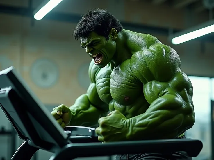  Cinematic movie poster: Hulk on a treadmill at the gym,  drops of sweat sparkle on his skin . style: Marvel Cinematic Universe.