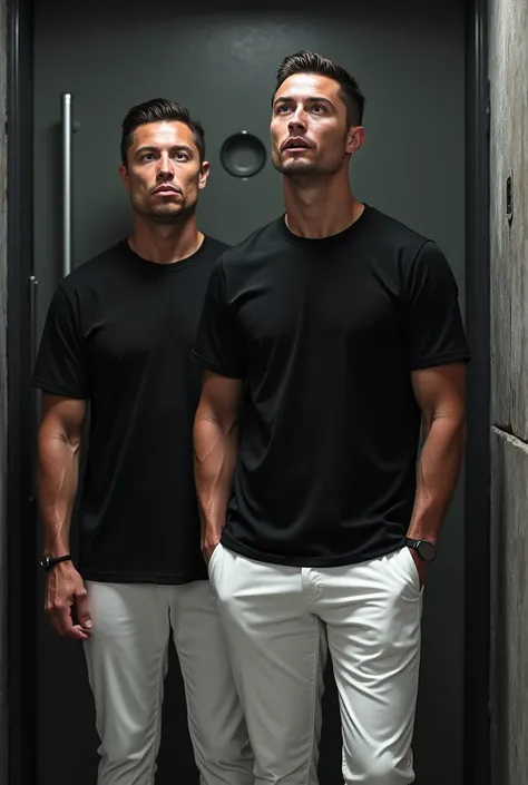 After ronaldo and Elonmusk enter to secret godown , Ronaldo is shocked seeing the inside of the godown. they weard black tshirt and white pant. 