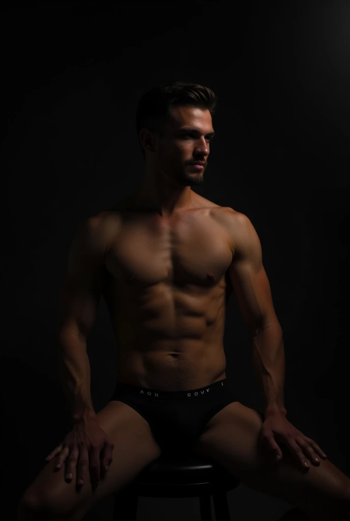 
    Concept: "Light and Dark"
    Pose: A male model sits in a dark room, with a single beam of light illuminating his body. He wears a pair of dark briefs, with the light casting dramatic shadows on his musculature.
    Angle: Shoot from a side angle to ...