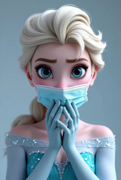  Beautiful girl Elsa from the cartoon Frozen wearing a medical mask and water in her mouth,   gloves and puffy lips , 
and with , , and she also holds her mouth with such tension and strength  ,  so that water doesnt leak out .
