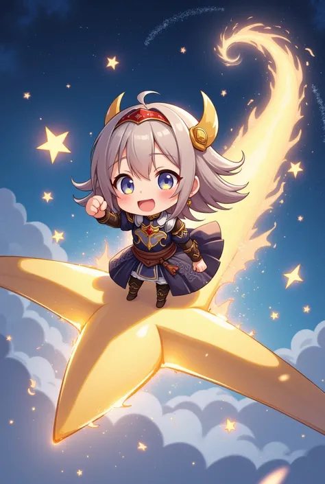 A chibi character of Joan of Arc coming on a shooting star, smiling and pumping her fist, a smiling shooting star, cute fantasy illustration art, ultra detailed, absolutely resolution, masterpiece