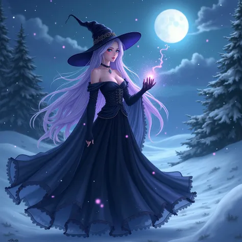 high quality, 8K Ultra HD, A beautiful witch with blue eyes in christmas time, anime, long lilac hair, snow, magic powers, night, black clothes