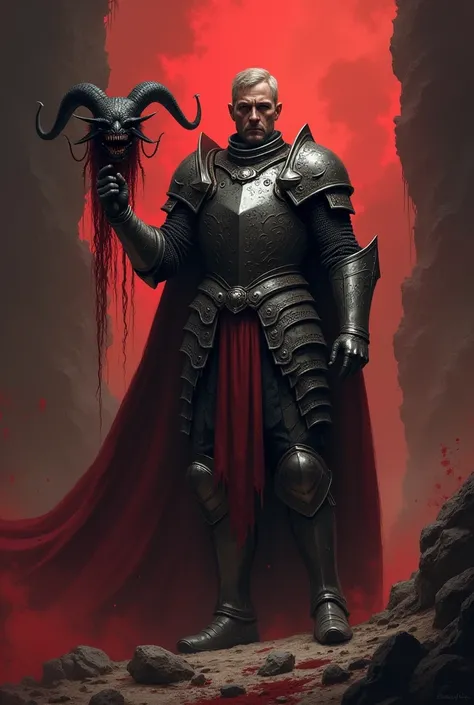 A knight holds a severed succubus head