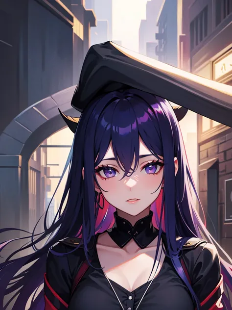  young woman with long dark blue hair , dark purple eyes,  fair skin with reddish mouths