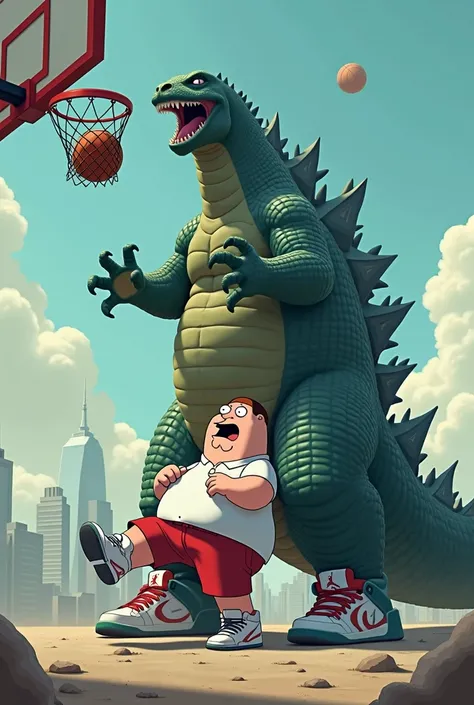 godzilla dunking over peter griffin, both wearing jordan 4s
