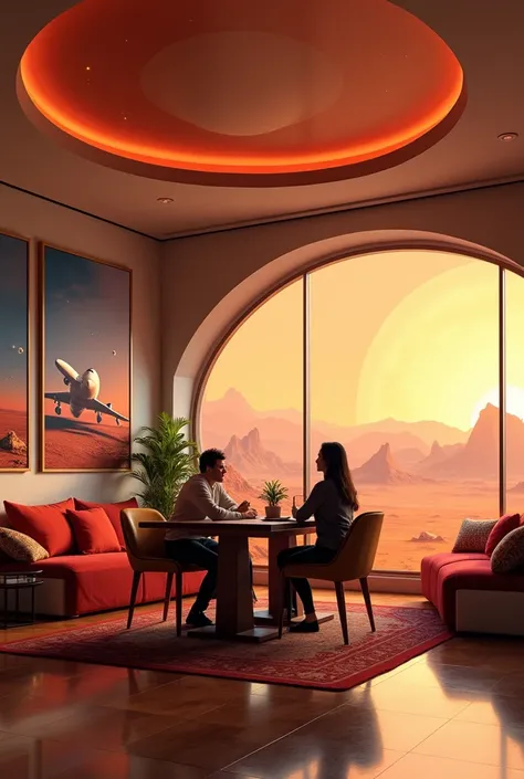 Futuristic retro design , large cozy room , A family is sitting at the table,  on the walls with posters advertising a flight to Mars ,   behind a large panoramic window, a beautiful Martian landscape.