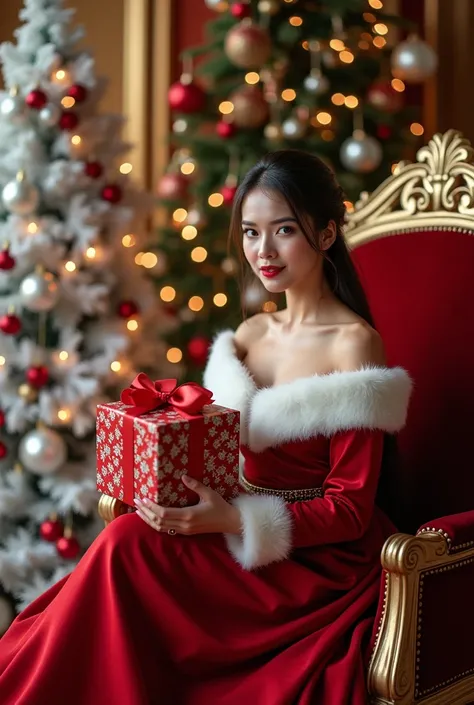 Photoshot of a beautiful woman wearing a Christmas Day costume and posing sitting in a luxurious chair while holding gifts inside a studio full of luxurious Christmas tree decorations and there is a white salaju. Degan sharp quality  .