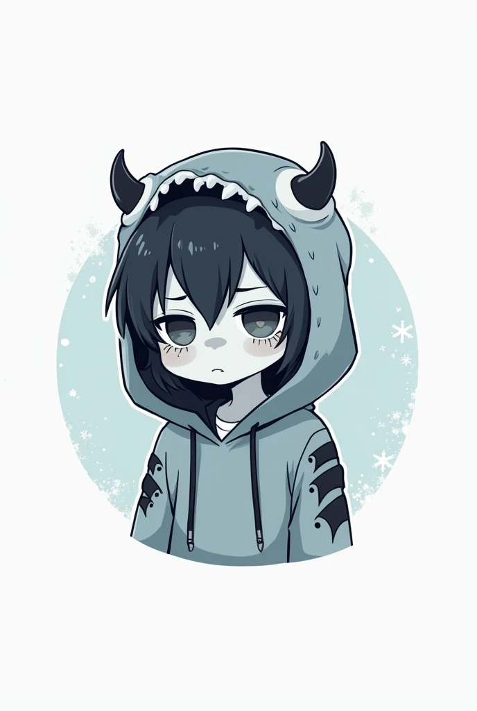 “A minimalistic, anime-inspired logo featuring a young boy with a zombie-like appearance wearing a monster-themed hoodie. The boy has pale, slightly textured skin with subtle cracks, tired eyes with dark circles, and a calm, drowsy expression that exudes a...